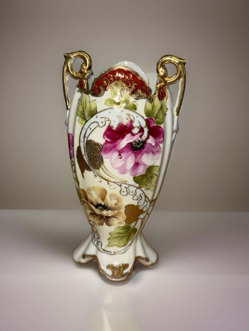 Antique Porcelain Vase Urn Floral Peonies Hand Painted Gold Gilded Japan  9"T